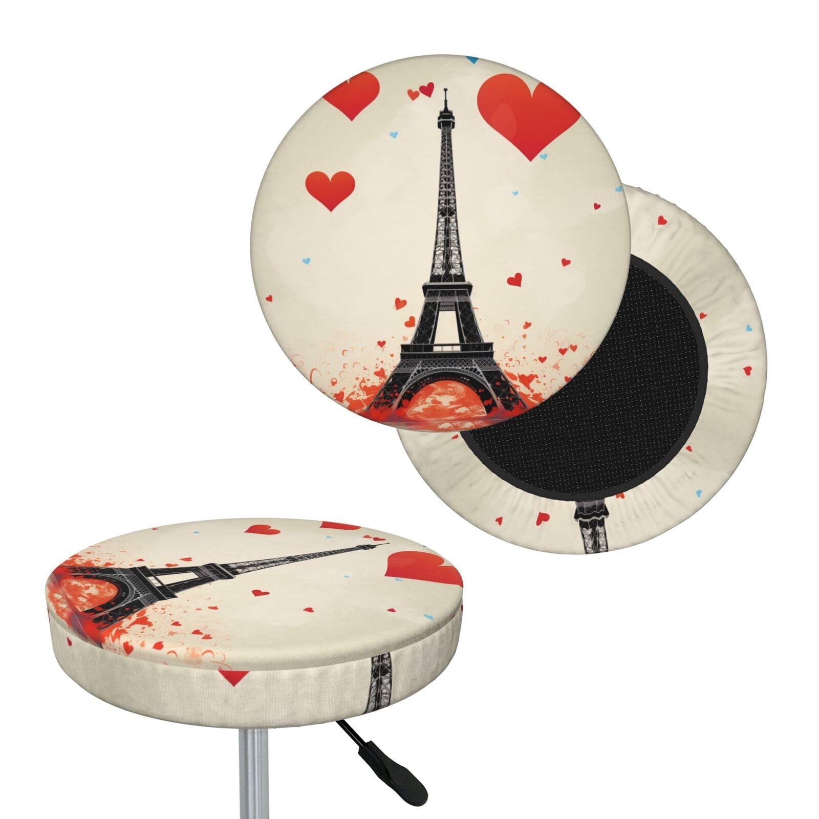 NONHAI Eiffel Tower Heart Airplane Pattern Bar Stool Cover Round Elastic Stool Cushion Covers Dustproof Bar Chair Cover Washable Stool Cushion Slipcover Stretch Stool Seat Covers for 12-14 Inch Chair
