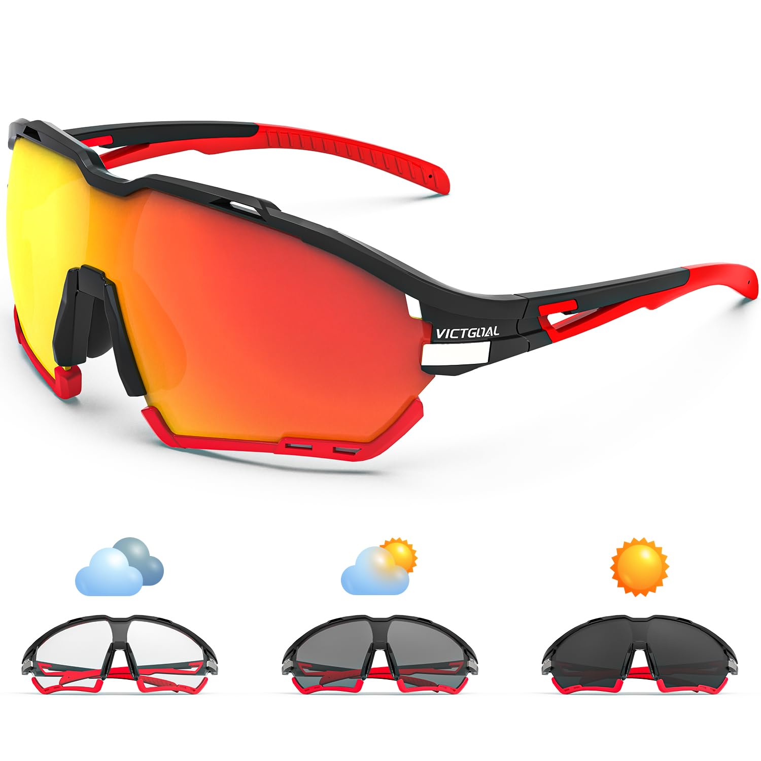 Victgoal Fahrradbrille Herren Damen UV400 Schutz Sonnenbrille, mit 2 Wechselgläser Polarisierte & Photochrome Selbsttönend, Schutzbrille Sportbrille für Outdoorsports wie Radfahren Laufen Angeln