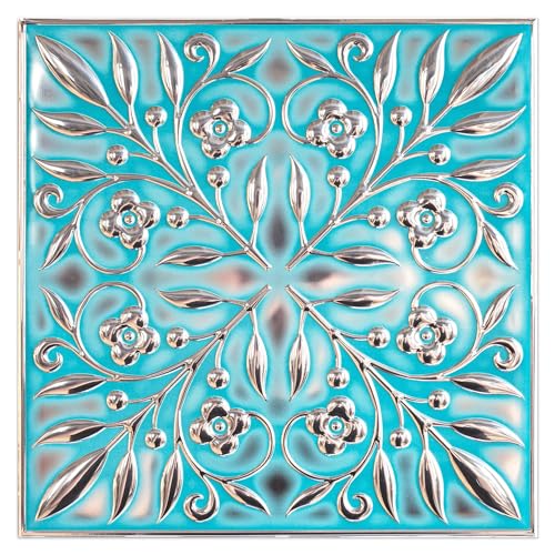 Wall Wear 10-Pack Peel and Stick Metal Tiles – 8" x 8" Teal and Silver Leaves, Water-Resistant Aluminum, Repositionable, Renter-Friendly Backsplash for Kitchen, Bathroom, Ceiling & DIY Projects