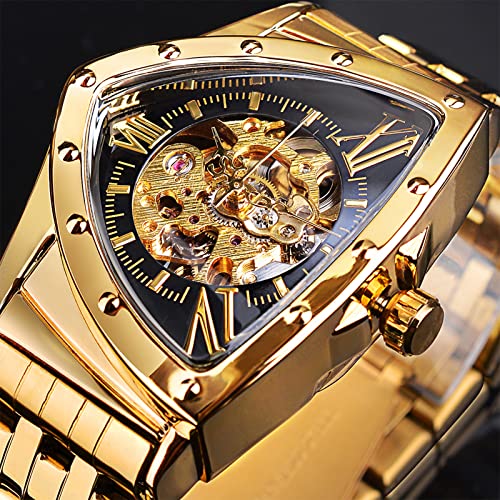 Winner Triangle Skeleton Watch Men's Automatic Mechanical Luxury Watches Stainless Steel Waterproof Luminous Sports Wristwatch,Gold Band Black Case Round Inside #TOP7