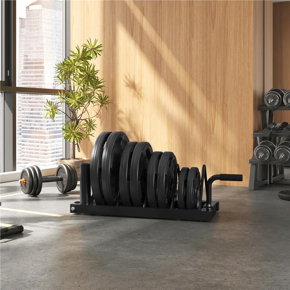 Yaheetech Supporto per Manubrio Rack di immagazzinaggio Mobile per Pesi Dischi Barre di Sollevamento con Maniglia di Trasporto e Ruote 4 Scomparti Fitness Gym Nero