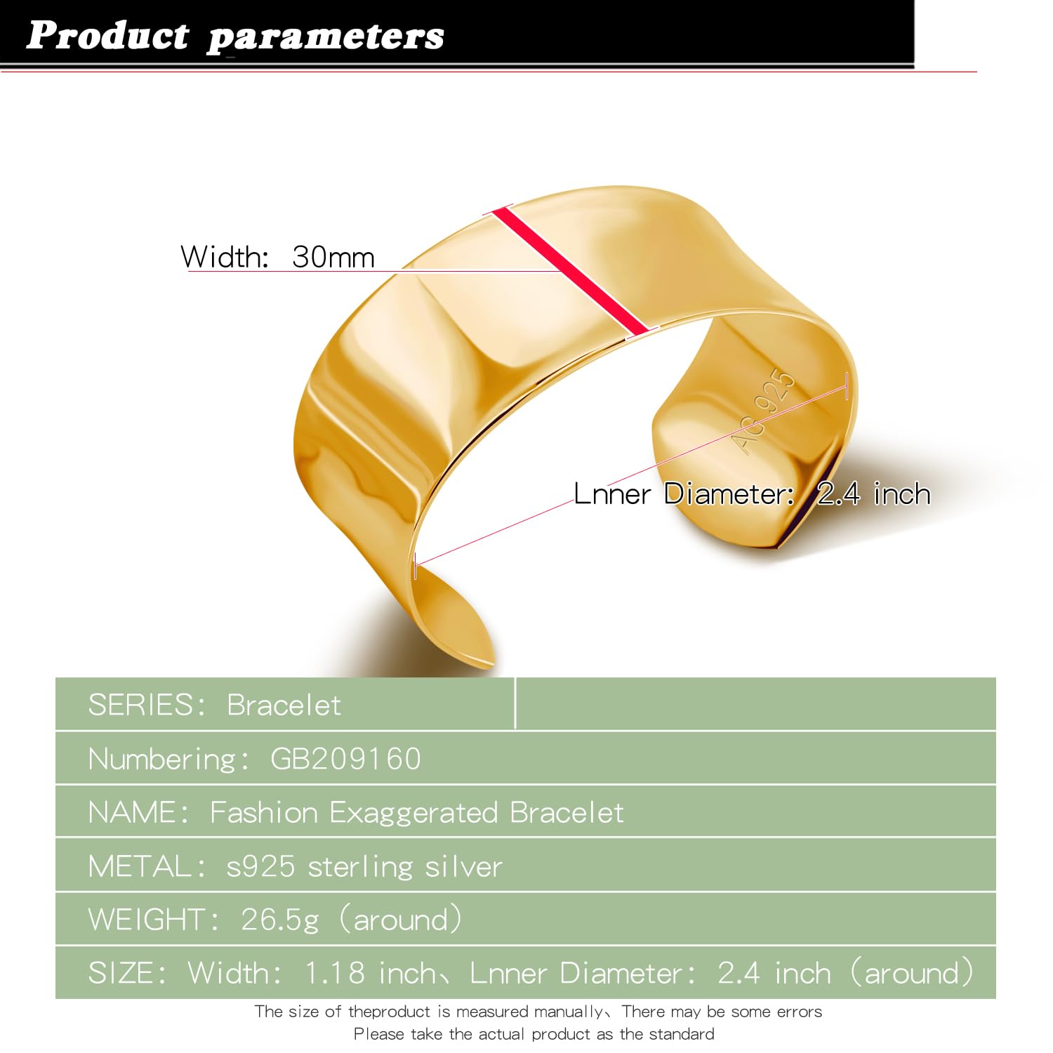 Dankadi Bracciale da donna esagerato, aperto, largo, 3 cm in 925, in argento, bracciale a cerchio 60 mm, regolabile, gioielli da polso curvi, placcato oro martellato, stile bohemien, regalo per