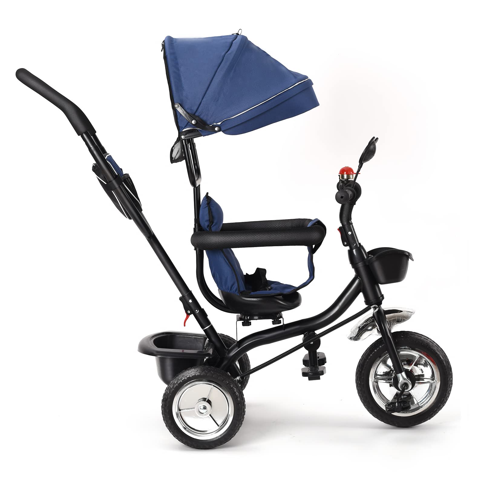 Triciclo bambini fino 25 kg, Passeggino con Maniglione regolabile, Bici, Sedile girevole Fronte Mamma e Strada, Cappottina pieghevole, Ruota libera, 4 in 1 (blu scuro)