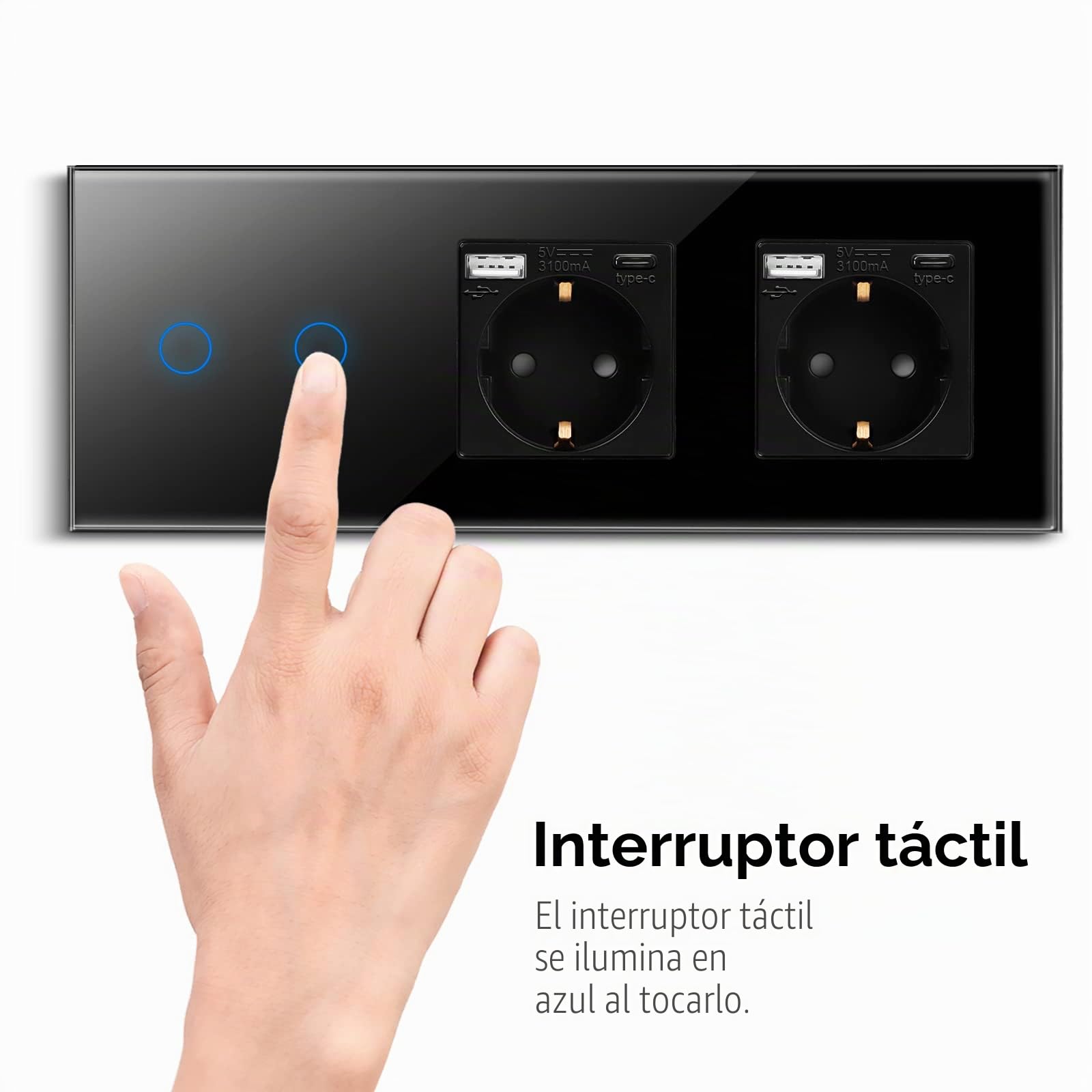 CNBINGO Interruptor de luz táctil con doble enchufe con puertos USB (tipo C y tipo A 3,1 amp total) – Enchufe USB Schuko empotrado – Interruptor de pared de cristal simple en Negro – 2 vía