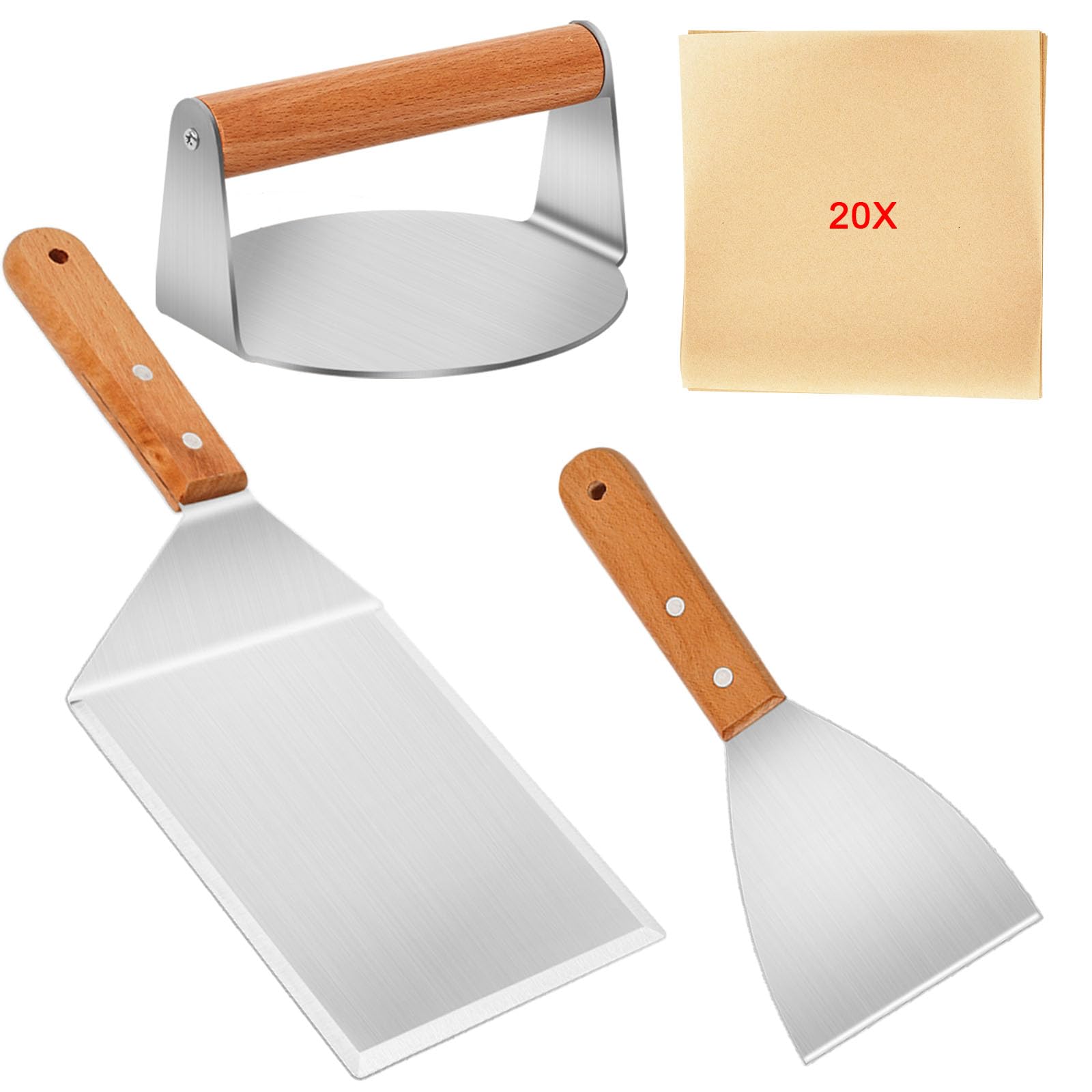 Smash Burger Kit, Presse Burger, Acier Inoxydable Spatule Plancha, avec 20 Papier Steak Haché, Papiers à Hamburger, Professionnel d'Accessoires Barbecue