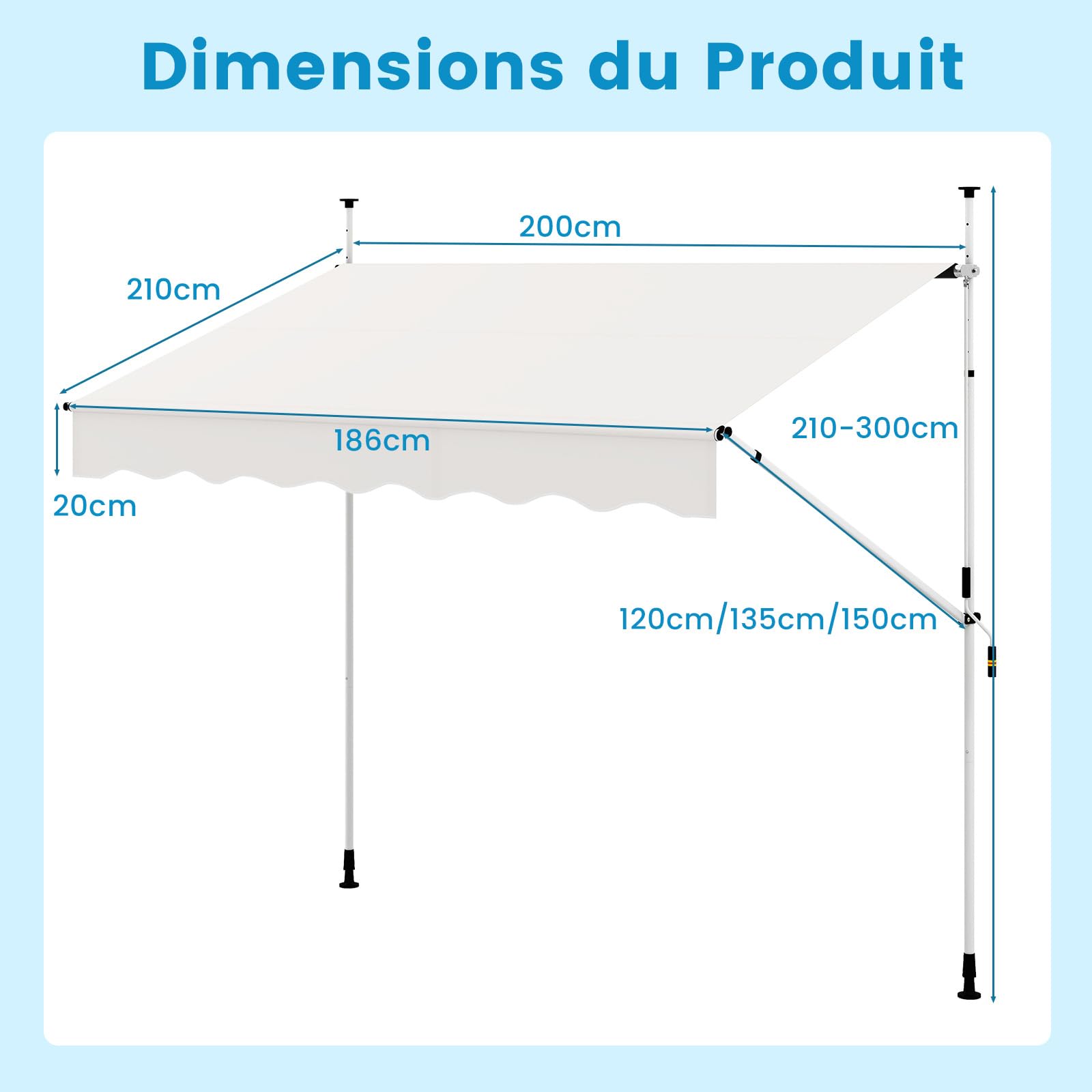 RELAX4LIFE Store Banne Manuel Rétractable avec Manivelle | Auvent Rétractable Résistant aux UV, Imperméable | Hauteur&Angle Réglable | Store Banne sans Percage pour Balcon, Terrasse (2x2,3 M,Blanc)