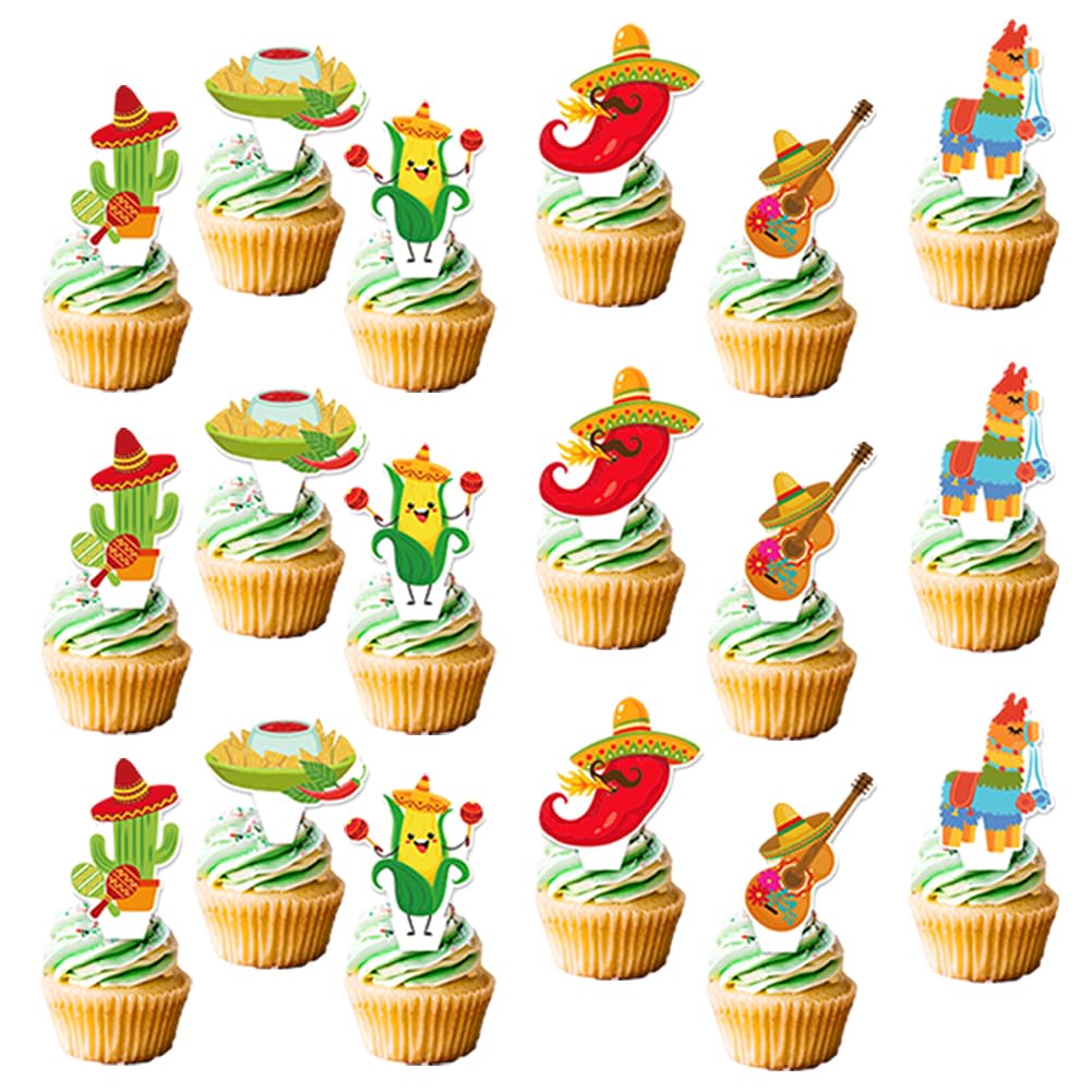 48pcs Mexican Fiesta Cupcake Supplies Birthday Party Cupcake Toppers for Kids Gift Party Favors Mexican Fiesta Birthday Party cake Decoration Supplies