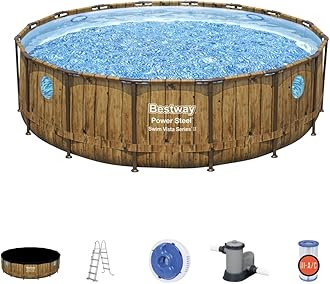Bestway Power Steel Swim Vista Pool Set, Family Swimming Pool with Windows, Rattan Print Garden Pool with Filter Pump, Ladder, Pool Cover and ChemConnect Dispenser 16ft, Grey