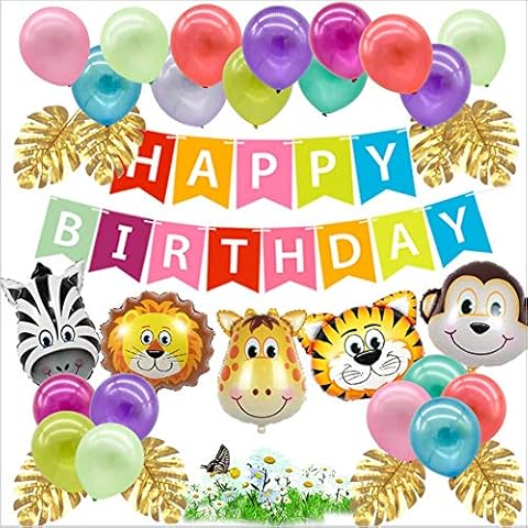 Craftsboys Birthday Party Decoration,34pcs Happy Birthday Decorations Supplies, Happy Birthday Banner and 8 Golden Leaves,20 Colorful Birthday Balloons and 5 Animal Balloons Cover