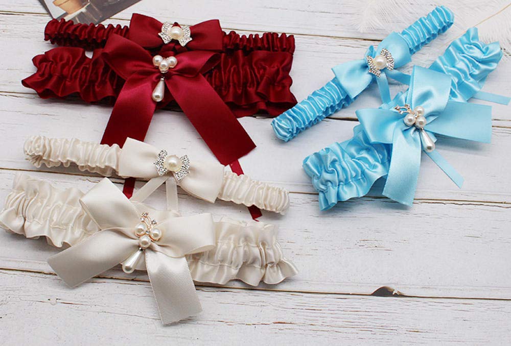 Frauen Sexy Elastische Spitze Schleife Strumpfband,Spitze Beinring Perle Strumpfband-Flacher Champagner,Spitze Hochzeit Strumpfbänder für die Braut (Marineblau)