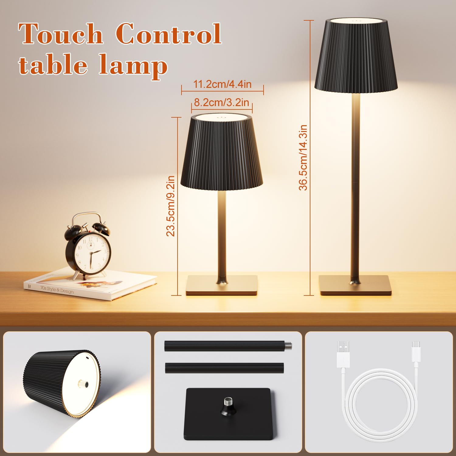 WOKWOYIO Lampada da tavolo senza fili, lampada da comodino a 3 temperature di colore con luce a batteria dimmerabile Lampada da tavolo a LED touch per soggiorno camera da letto, nero