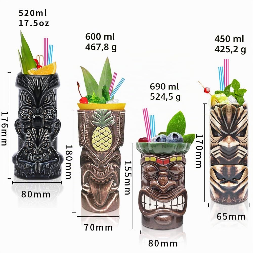 Tiki Becher Cocktail-Set von 4 – große Trinkgläser aus Keramik, hawaiianische Luau-Party-Tassen, Drinkware, niedliche, exotische Cocktailgläser, professionelle Hawaii-Party-Barware, TKSET0005