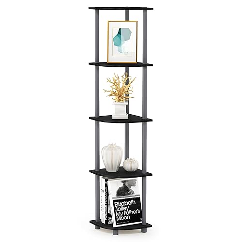FURINNO 99811BK/GY 5-Tier Corner Rack Display Shelf, Black - Black and Grey - Shelving Unit