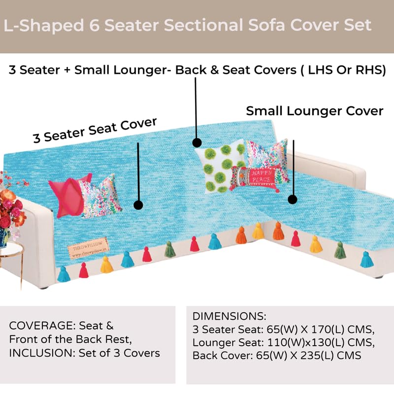 Image of Blue Sofa Cover Multicoloured Tassels: Sectional Sofacover: Thick Fabric, Seat & Front Back Protection -Set of 2 Seat Covers & Single Back Cover- L Shape Sectional (3 Seater + 2 Seater Lounger)