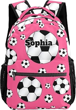 Pink Soccer Balls Stripe Personalized Backpack with Name Waterproof Bag for Birthday Holiday Gift for Travel Office Work