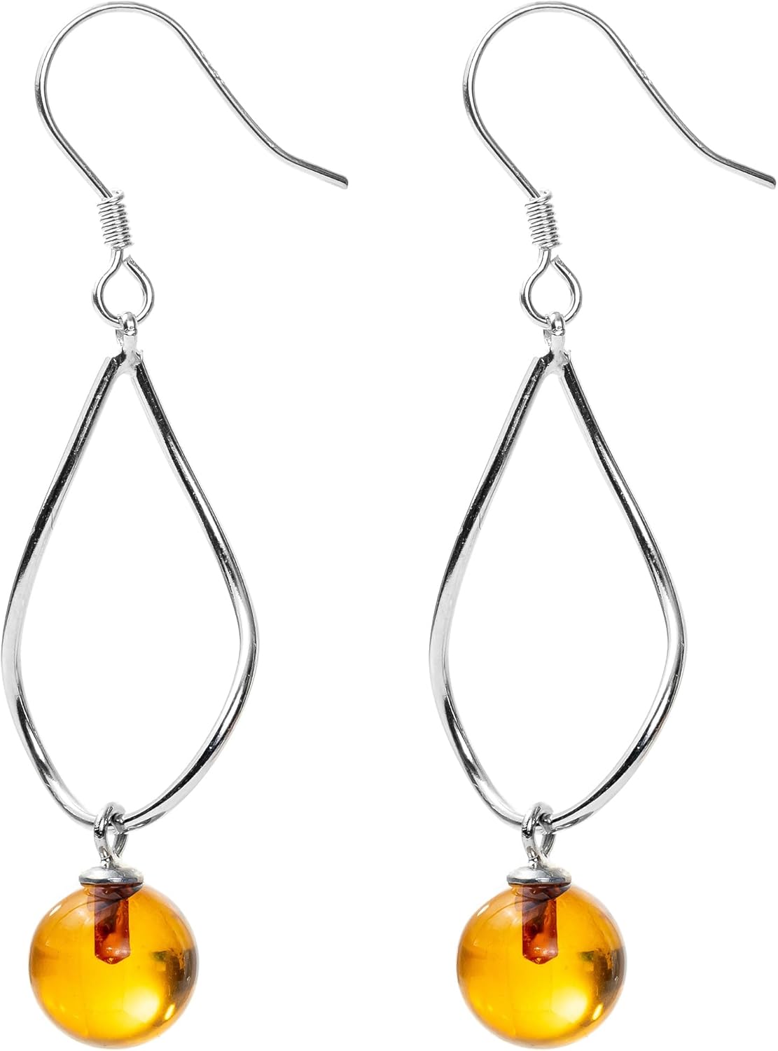 Genuine Baltic Round Amber Drop Dangle Earrings for Women in Sterling Silver, Rich Cognac Color