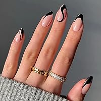 Vista 27 de Uñas postizas a presión medianas almendra MABKJLF rosa intenso, punta francesa, uñas postizas de cobertura completa con diseños, uñas postizas