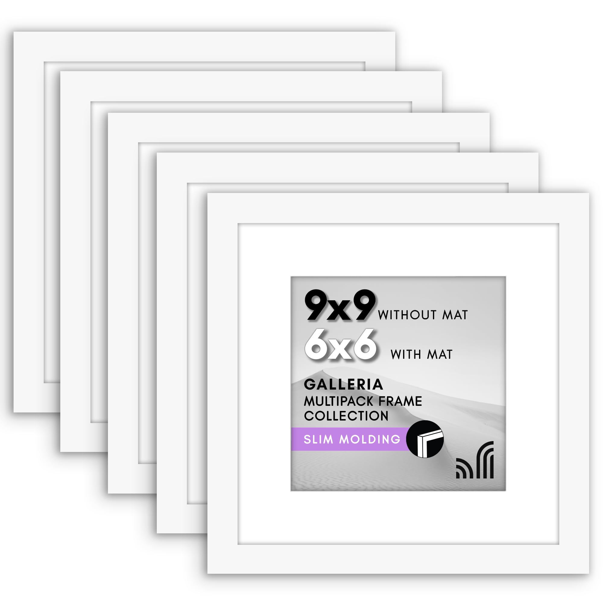 Americanflat 9x9 Picture Frame with Polished Plexiglass - Set of 5 - Use as 6x6 Frame with Mat or Display 9x9 Photo Without Mat - Galleria Collection