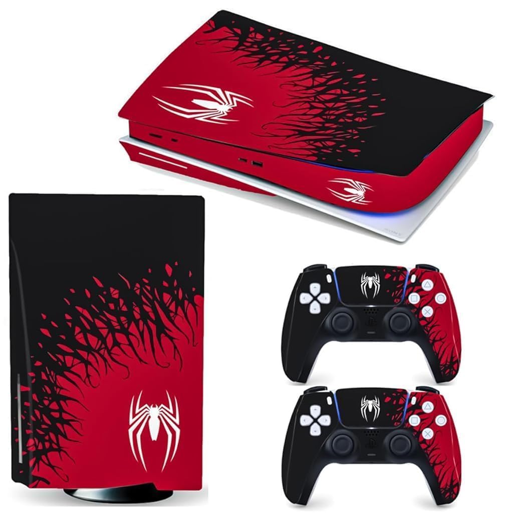 Khushi D�cor RED White SP Man UV 3M Vinyl Sticker Decals for PlayStation 5 Disk Version Console and Two Dual Sense 5 Sticker Skins Black PS5 Skin Console and Controller Design [Video Game]