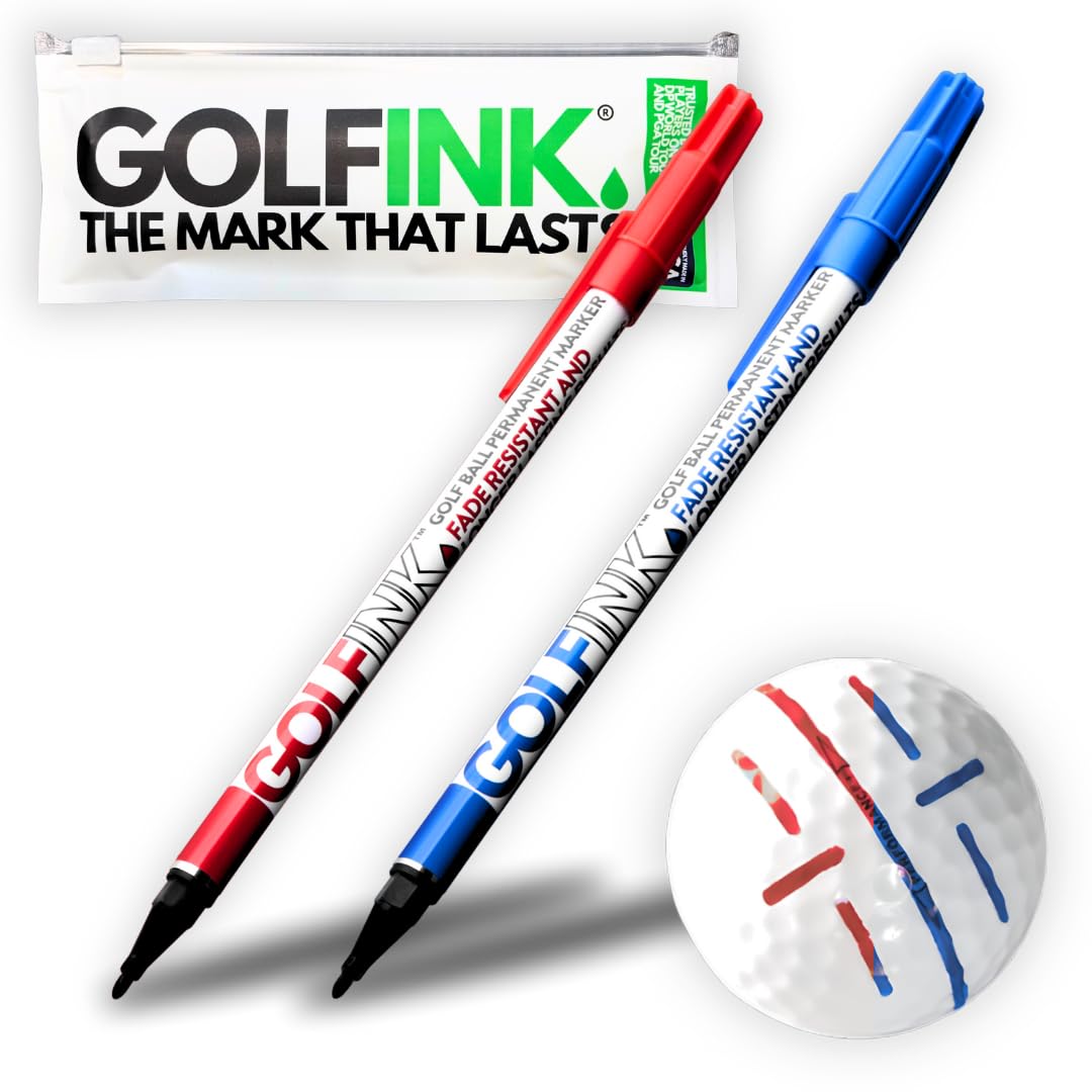 2-Pack GOLFINK Golf Ball Marker Pen - Fade-Resistant Permanent Ink, Valve-Controlled Nib, Durable Aluminum Body (Black) (Blue + Red)