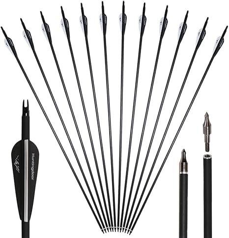 Amazon Huntingdoor ーチェリー弓矢 12本セット31インチアーチェリーカーボンアローズ炭素矢 たわみ 550斬新なブロードヘッドノックで狩猟をターゲットにする矢複合弓ターゲット3インチの矢羽根練習屋外用 黑 ダーツ矢 通販