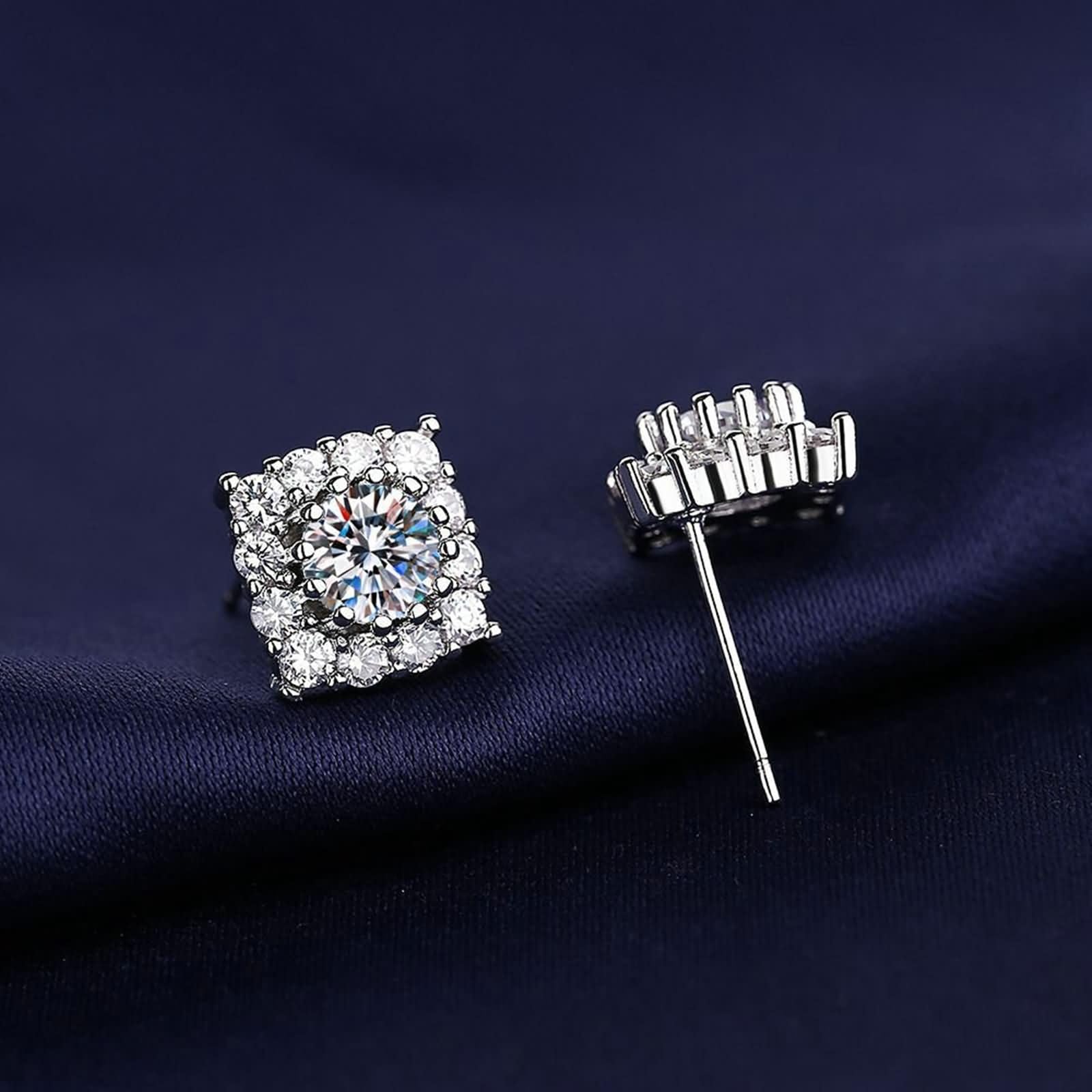 Ohrringe Hochzeit Weißgold 9K / 14K / 18Karat für Damen, Raute und Rund mit Moissanit, Ohrringe Ohrstecker Damen Silber