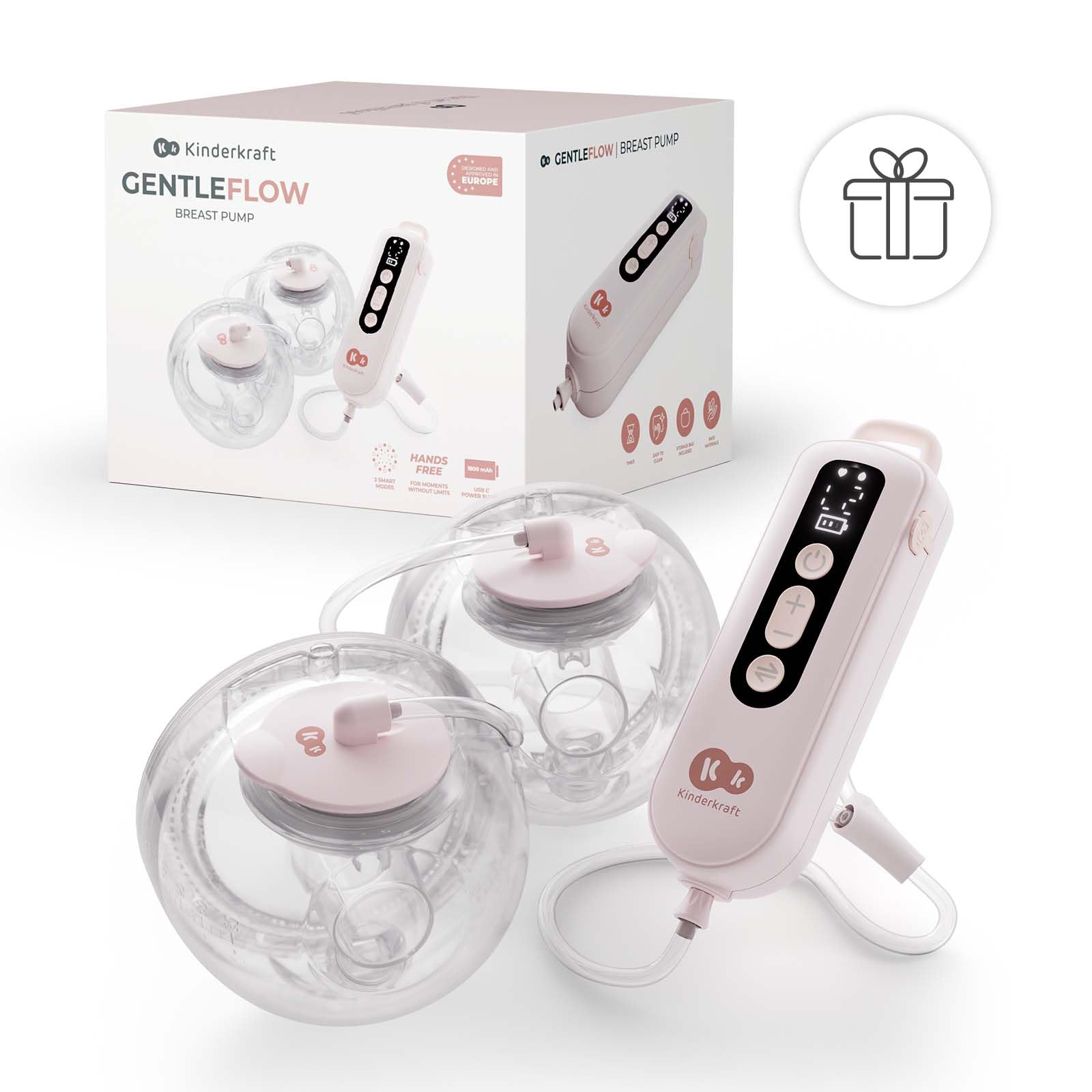 Kinderkraft GENTLEFLOW Tiralatte Elettrico Doppio, 3 modalità, 9 livelli di aspirazione, uso singolo o doppio, 5 misure di coppe 17–27 mm, biberon 180 ml, batteria 1800 mAh, ricarica USB-C, Rosa
