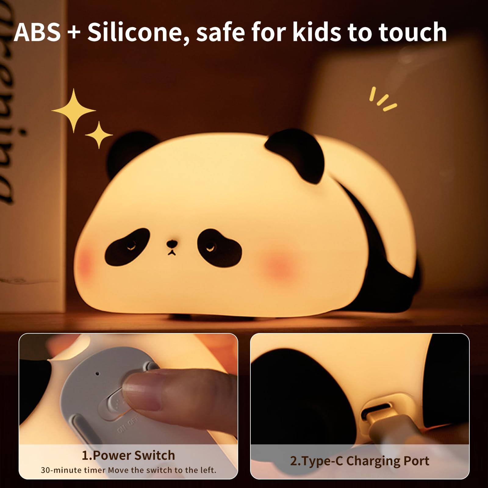 Battry Luci Notturne A Forma Di Panda Per Bambini, Luce Notturna Ricaricabile Con Timer 30 Minuti E 3 Livelli Di Luminosità - 3