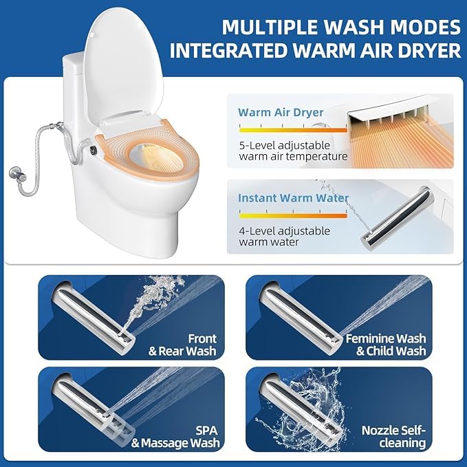 Image of Siemnr Smart Bidet Toilet Seat Elongated Cover Electric Slow Close Quiet Instant Warm Water Heated Self-Cleaning Nozzle Powerful Dryer Remote Anti-yellowing PP Materials