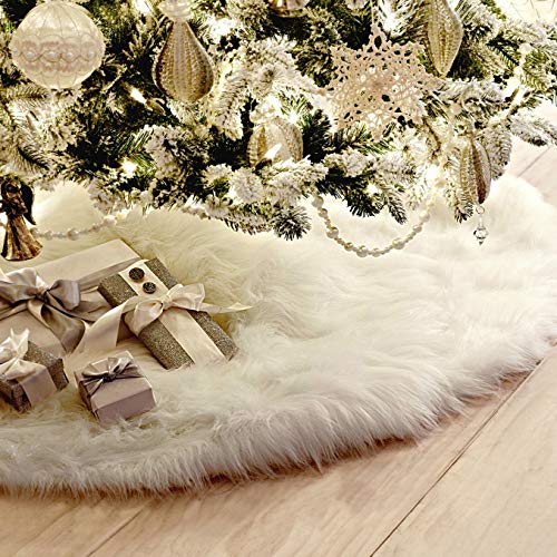 Fur Accents Christmas Holiday Tree Skirt, Plush Shaggy Faux Fur (Ivory Off White, 60" Diameter) #TOP2