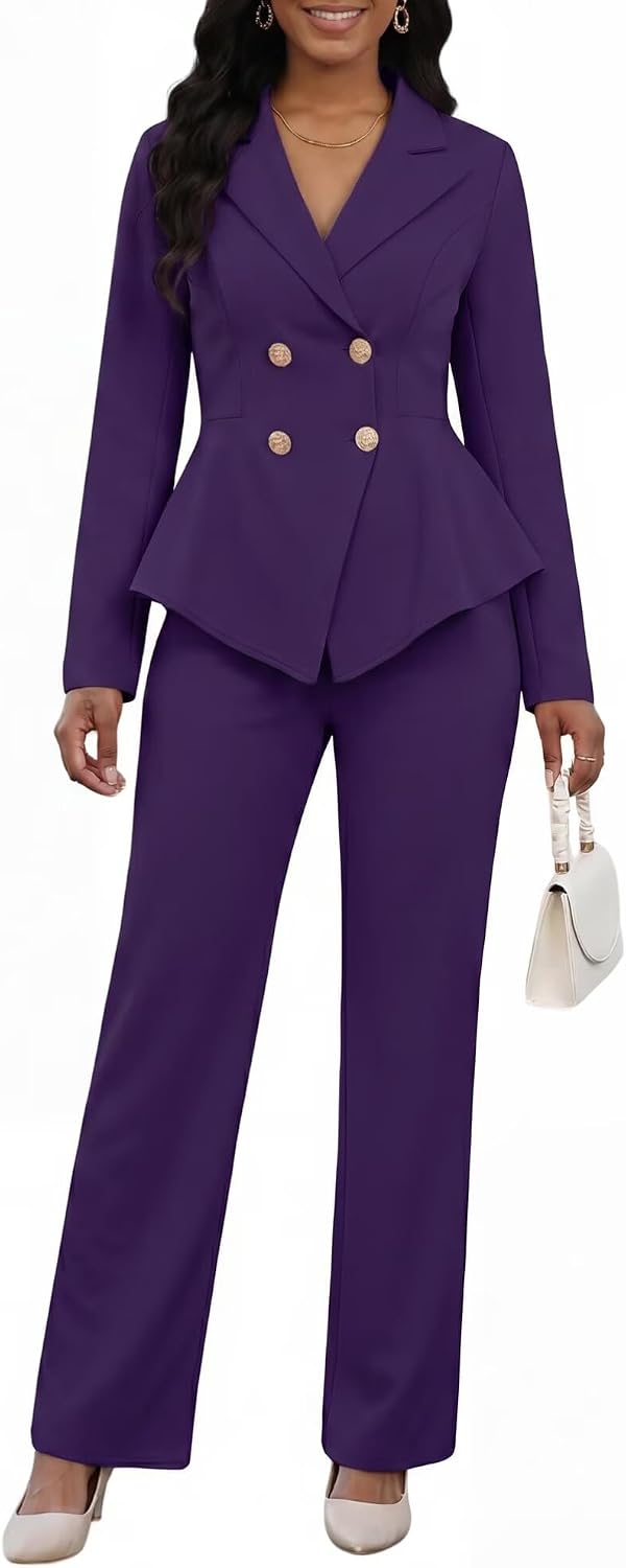 Pant Suits for Women Dressy 2 Piece Double Breasted Peplum Blazer and Wide Leg Pantsuits Business Work Office Outfits