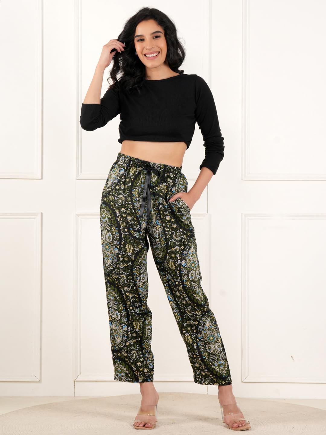 Women’s Pure Cotton Woven Pyjama | Mid Rise Relaxed Fit Elasticated Drawstring Waistband & Side Pocket | Comfortable Lounge, Sleepwear & Casual Bottom Wear(PY-88356GREEN)-picture-37