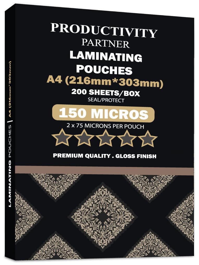 Productivity A4 Laminating Pouches,200 Sheets, Thickness 150 Micron (2 x 75 Micron) - Glossy Transparent Laminating Sheets, Perfect Rigidity for Daily Use, Compatible with Hot Laminators