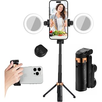 Mobile Phone Tripod Stand Mini 360  Rotatable Mobile Phone Holder with Removable Remote Control Bluetooth Expandable Mobile Phone Selfie Stick with 2 Fill Lights for iPhone Samsung and Android Smartphones