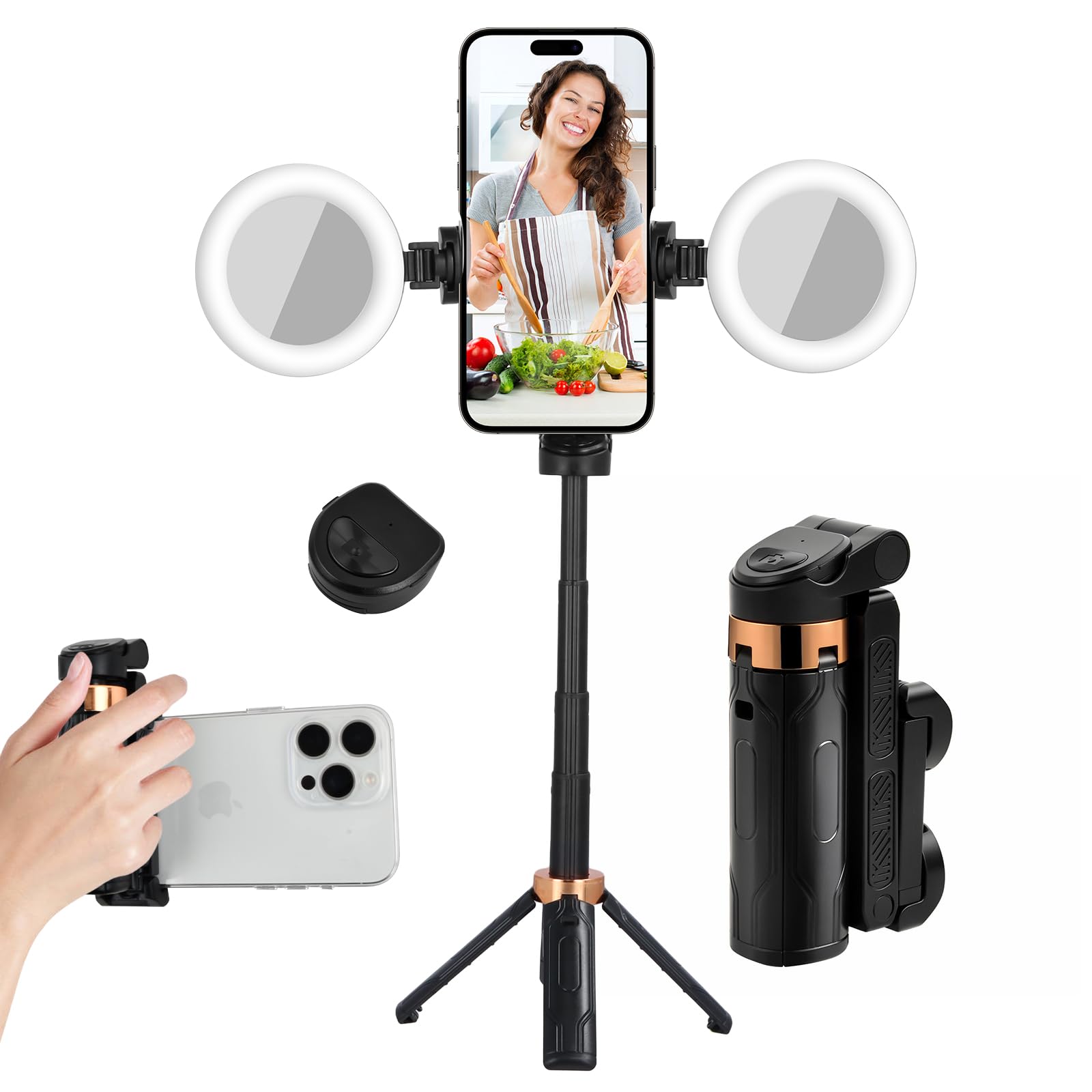 Mini Bastone Selfie Stick, Bluetooth treppiede per smartphone con telecomando staccabile, Ruotabile a 360° Treppiede Estensibile Con 2 luci di riempimento per iPhone Samsung e Android smartphone