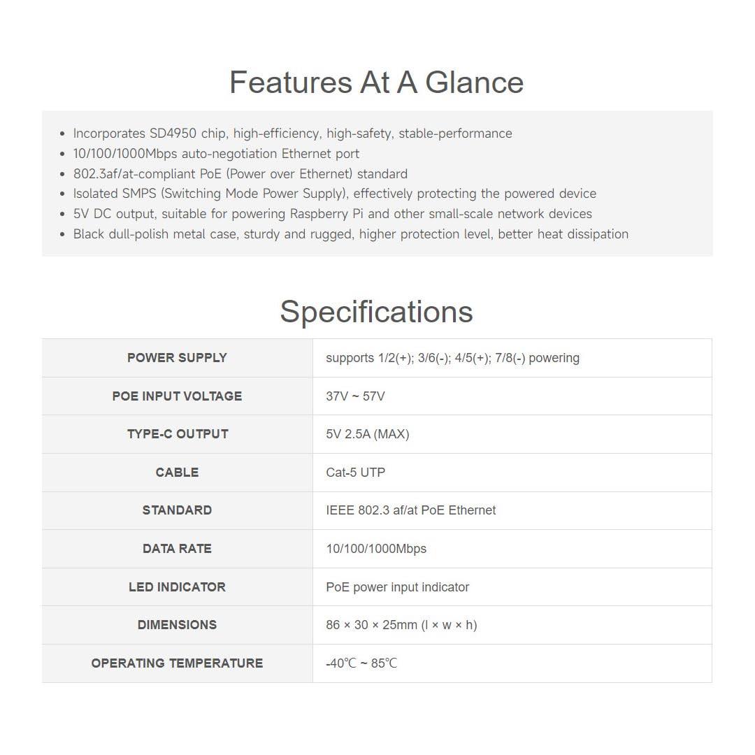 Waveshare Industrial Gigabit PoE Splitter with Metal Case protection,5V 2.5A Type-C Out