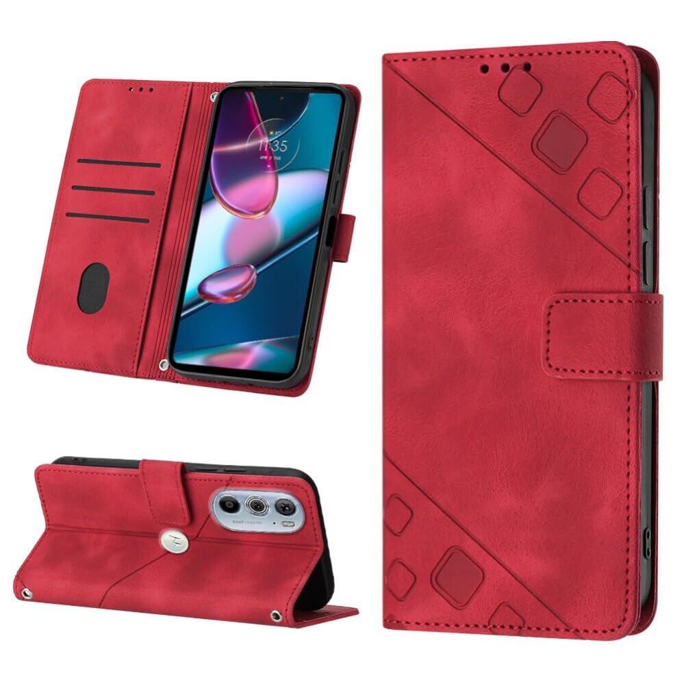 Étui Motorola Moto Edge 40 Neo rouge : housse portefeuille en cuir à rabat avec motif