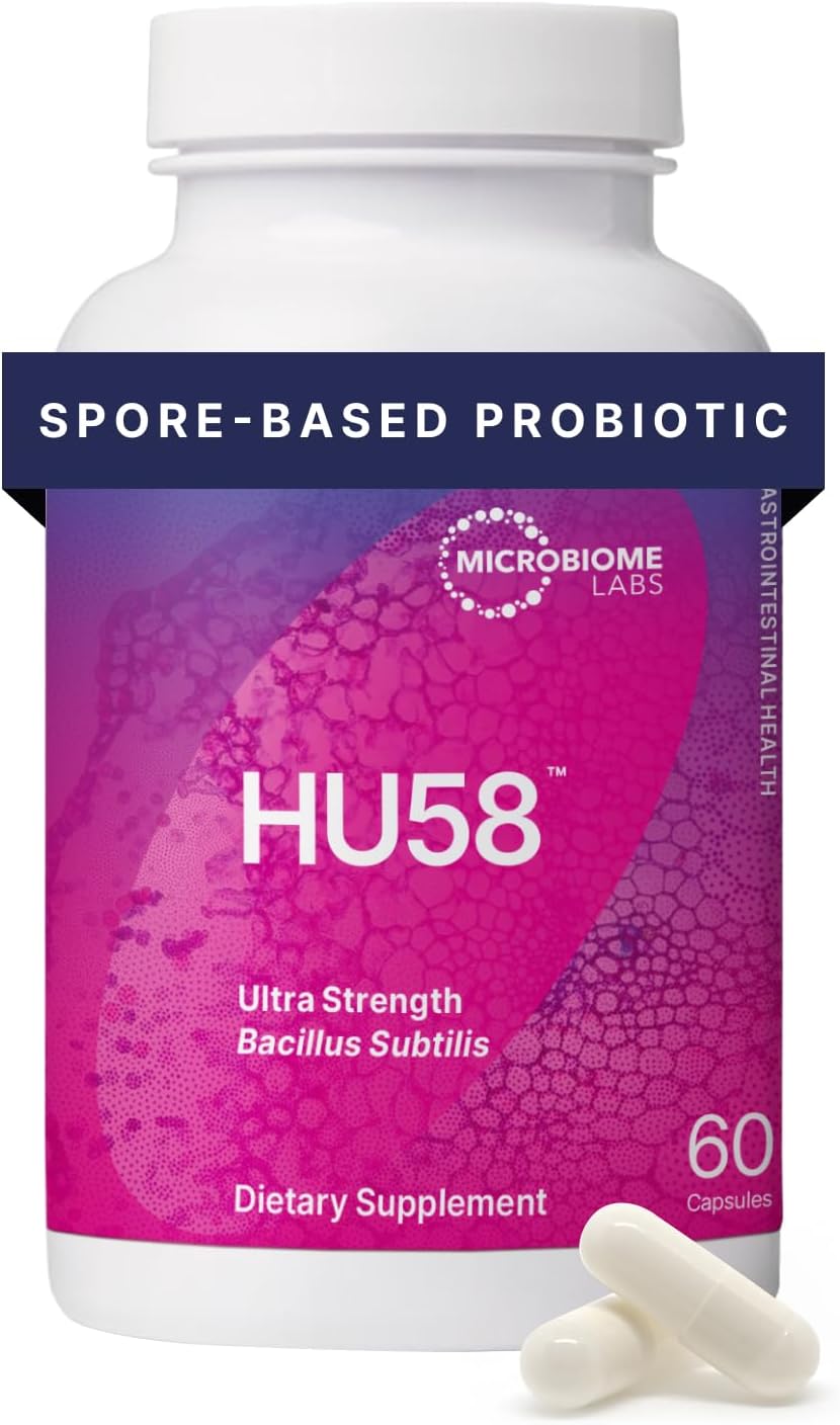 Microbiome Labs HU58 - High Potency Bacillus subtilis Probiotic Supplement - Probiotics for Digestive Health & Immune Support - 100% Survivability - 10 Billion CFU, Shelf-Stable (60 Capsules)
