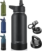CIVAGO 32oz Insulated Stainless Steel Water Bottle with Straw & 3 Leakproof Lids - Hot 12H/Cold 24H, Wide Mouth Sports Flask, Black