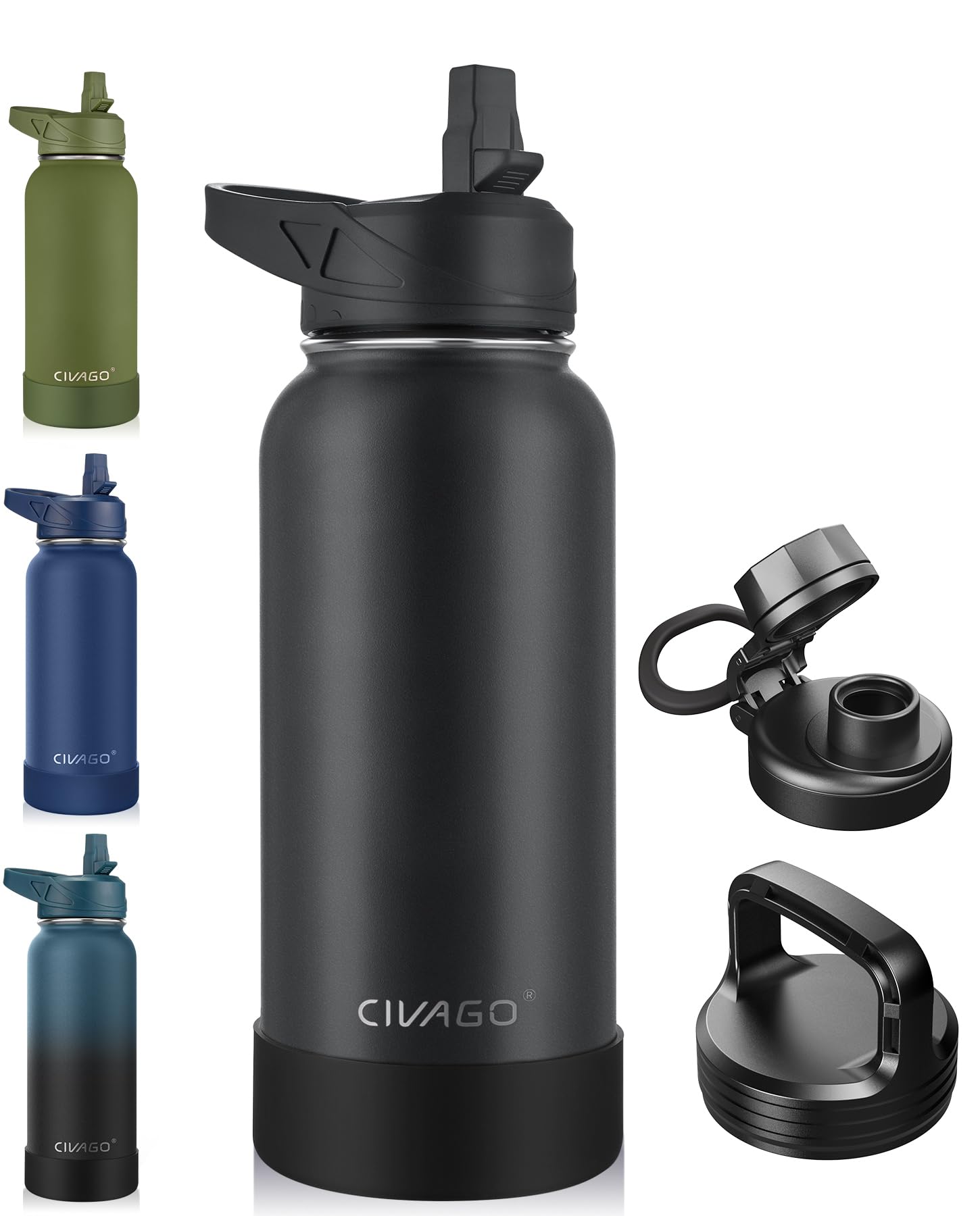 CIVAGO32 oz Insulated Water Bottle With Straw, Stainless Steel Sports Water Cup Flask with 3 Lids (Straw, Spout and Handle Lid), Wide Mouth Travel Thermal Mug, Black