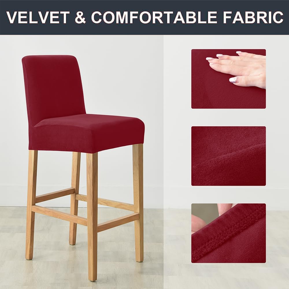 Velvet Counter Stool Pub Chair Covers - Removable and Stretchable Slipcovers for a (4, Burgandy)