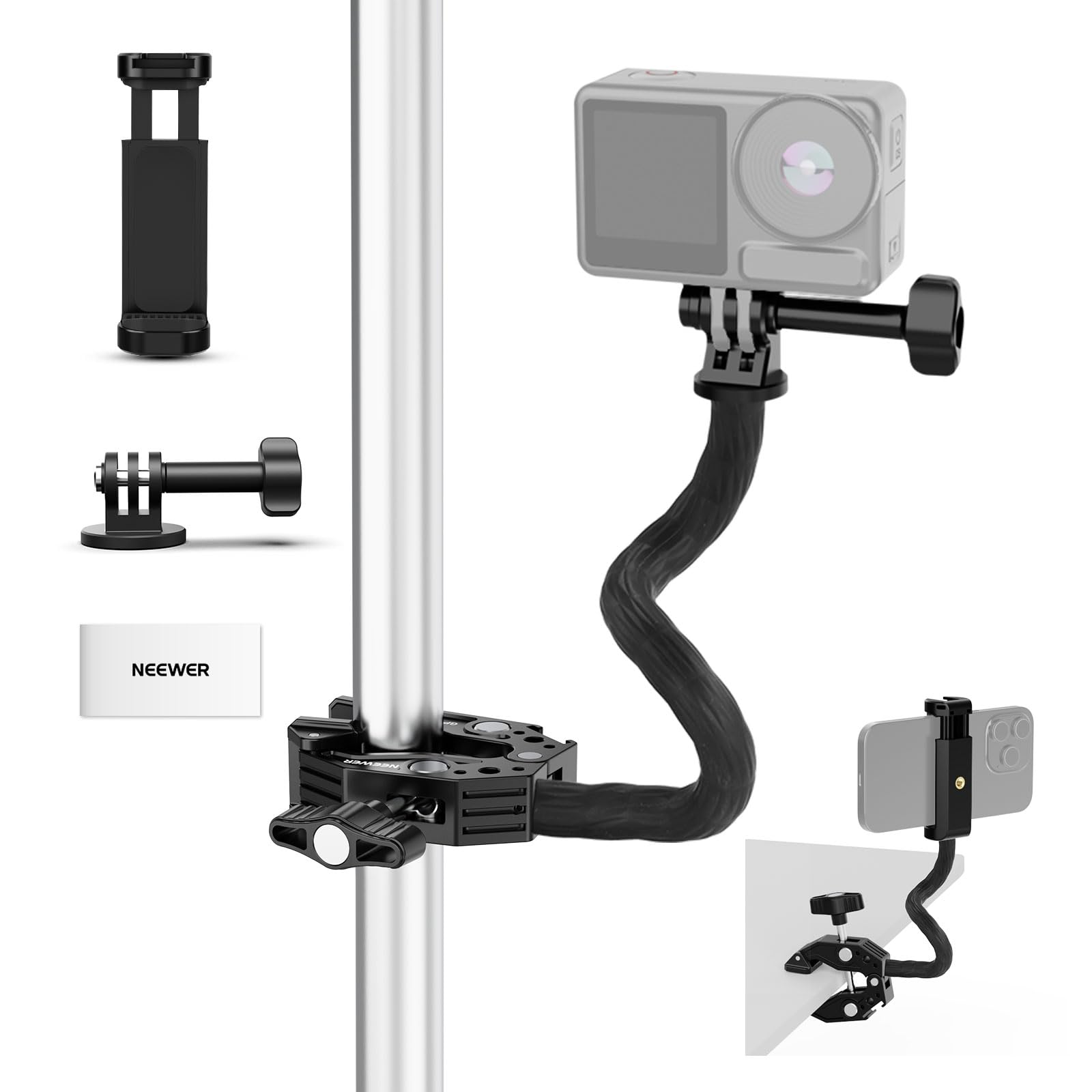 NEEWER Action Camera Mount Kit with Super Clamp, Soft Tube, Adapter, Phone Holder for Flat/Round Surfaces, Compatible with GoPro, Insta360, DJI Action Camera, Smartphone