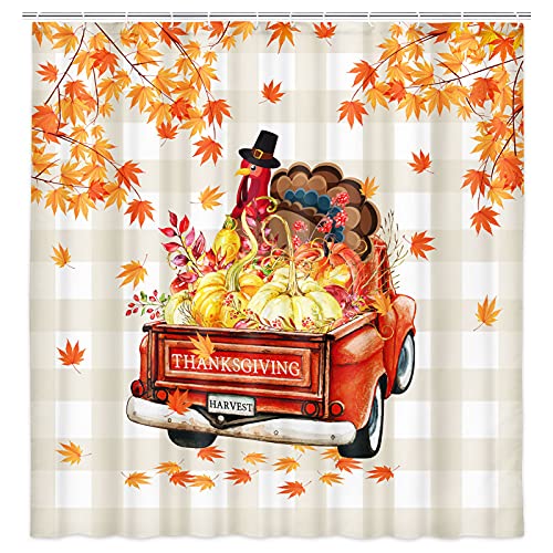 Uokiuki Tenda da doccia in tessuto per il Ringraziamento, tenda da doccia con foglie d'acero autunnali e camion della fattoria, tenda da doccia con ganci, 170 x 188 cm
