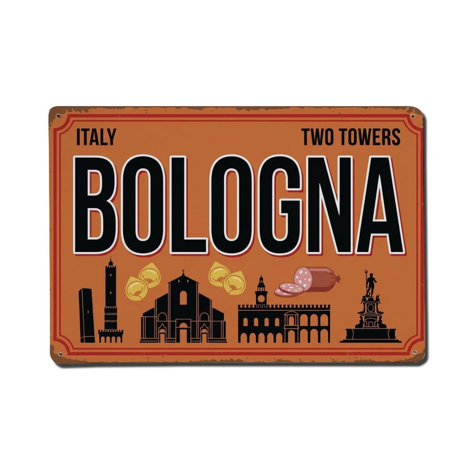 Cxhjca 8X12inch(20X30cm) Vintage Travel Bologna Italy Towers Tortellini Metal Tin Sign