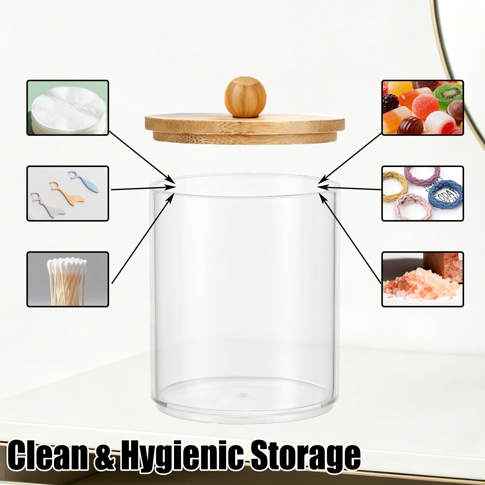 Set de 3 Organizador Bastoncillos de Algodón Acrílico con Tapa, Dispensador Contenedor Discos Desmaquillantes Bolas de Algodón Almacenamiento Cosméticos Baño Tocador, Transparente, Negro