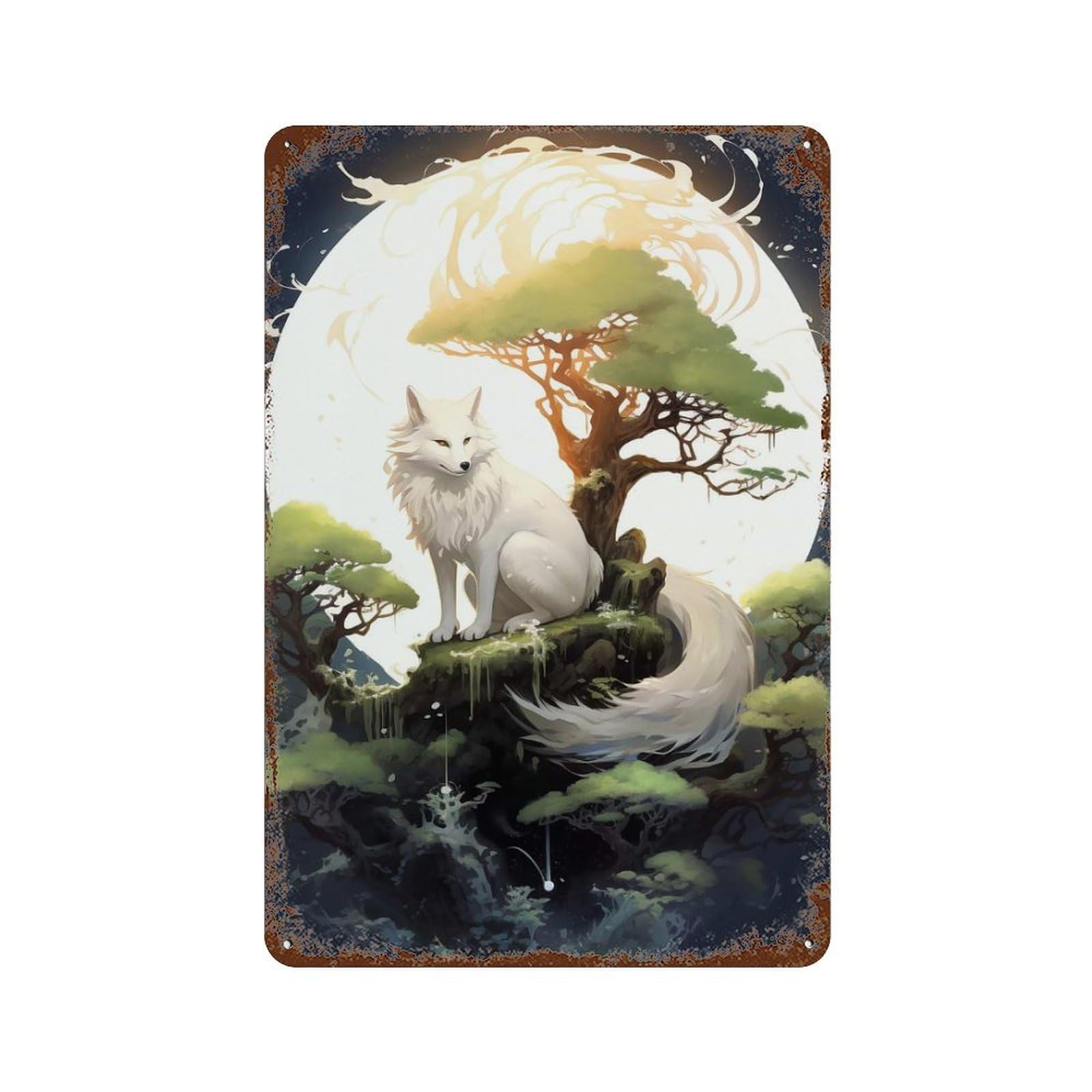 Rusty Metal Tin Sign with Japanese Fox Moonlight Design 11.8"x7.9", for Farmhouse, Kitchen And Entryway Decor, Classic Wall Plaque