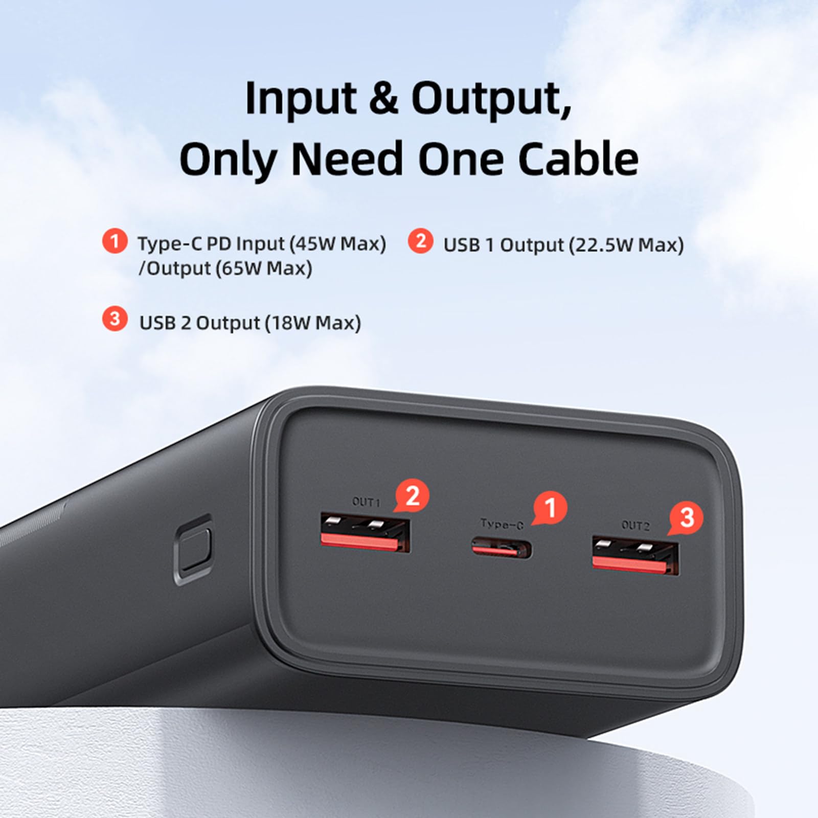 Powerbank o dużej pojemności i mocy 65 W o dużej pojemności 30000 mAh. Nadaje się do ładowania laptopów i telefonów komórkowych