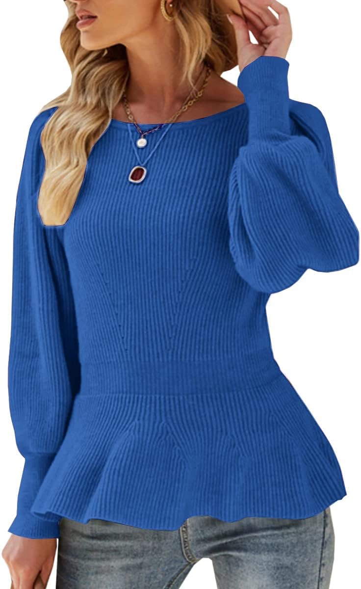 Womens Fall Puff Sleeve Peplum Casual Slim Fit Knit Pullover Sweater Jumper Tops