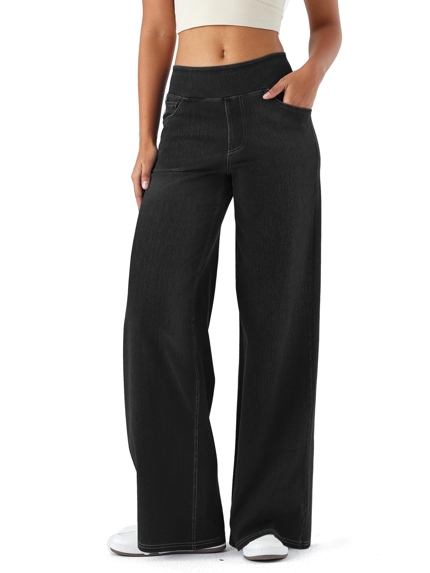 ZIRUU Jeans Damen Weites Bein Pull On Wide Leg Jeans mit Gummibund Stretch High Waist Jeanshosen Hohe Taille Denim Hose Damenjeans Fashion Baggy Pants Frauen mit Taschen Casual