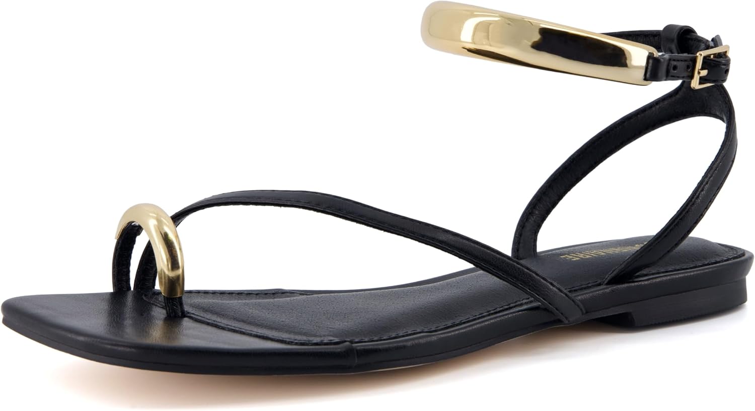 CUSHIONAIRE Secret Flat Sandals for Women with Gold Ankle Cuff and Toe Ring Strap, Vegan Leather Dress Sandals